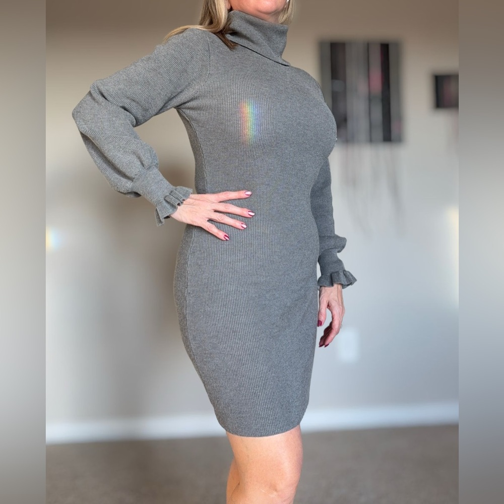 Elegant Gray Turtleneck Sweater Dress - Picture 1 of 13